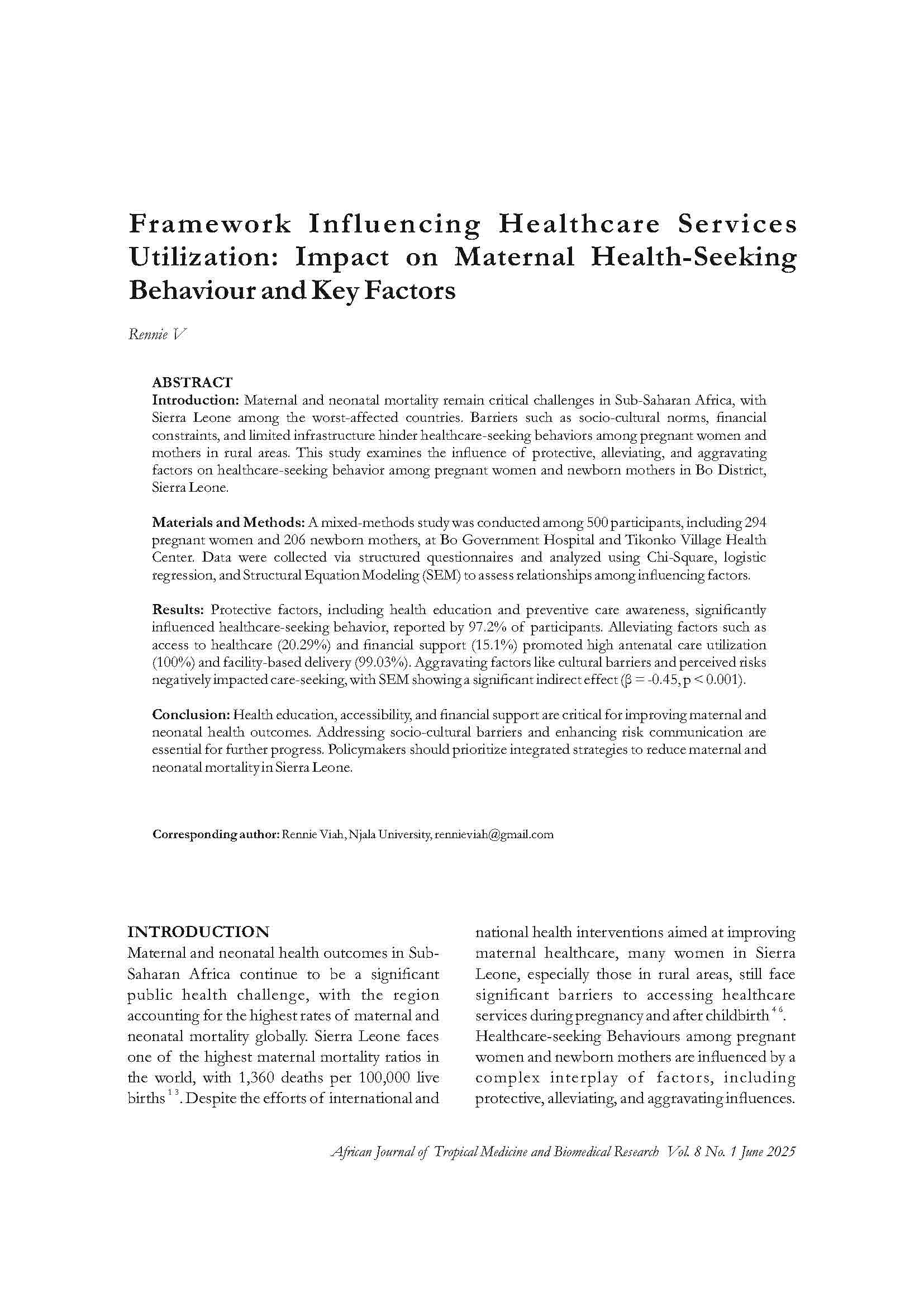 Framework Influencing Healthcare Services Utilization: Impact on Maternal Health-Seeking Behavior and Key Factors