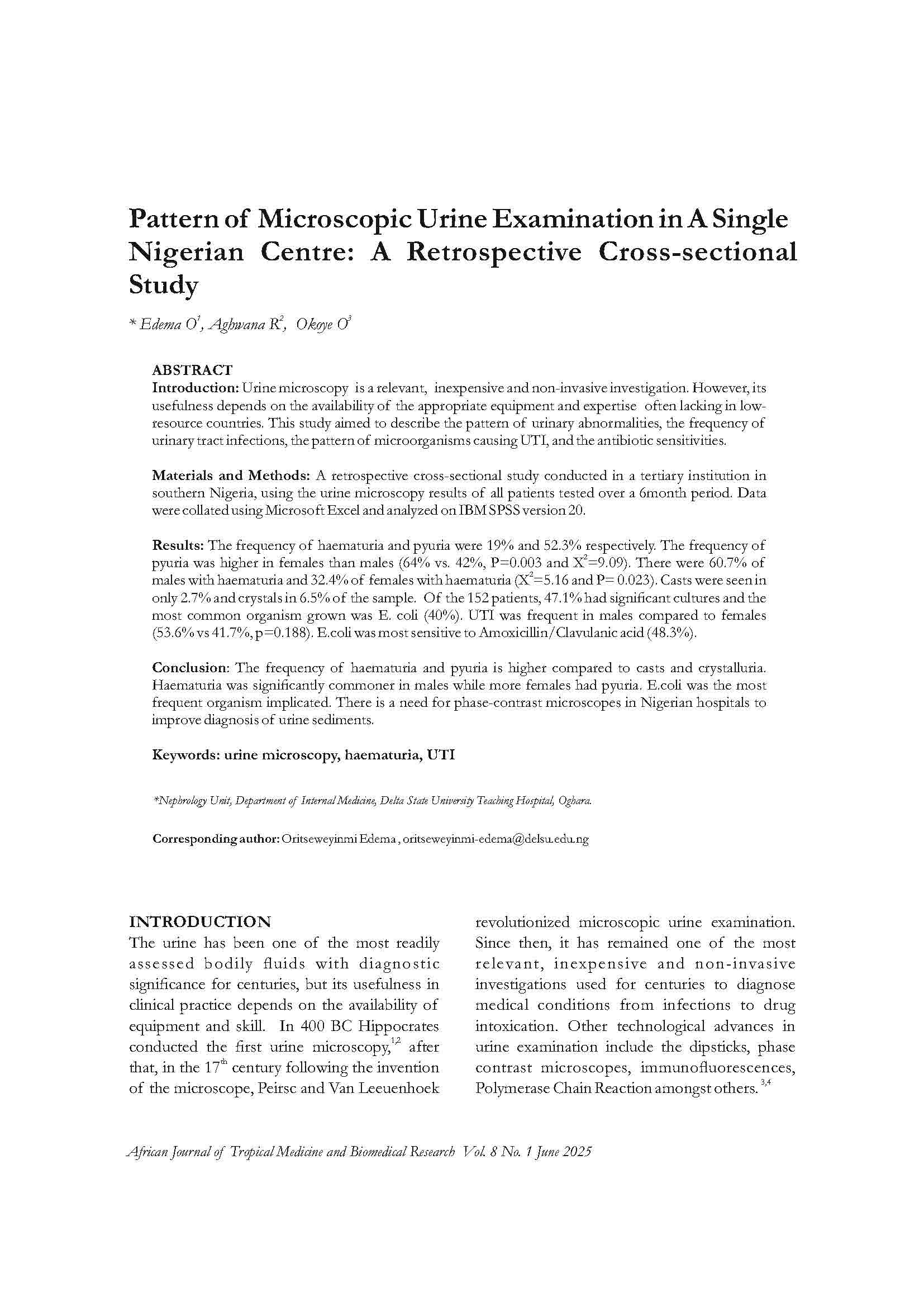Pattern of Microscopic Urine Examination in a Single Nigerian Centre: A Retrospective Cross-sectional Study