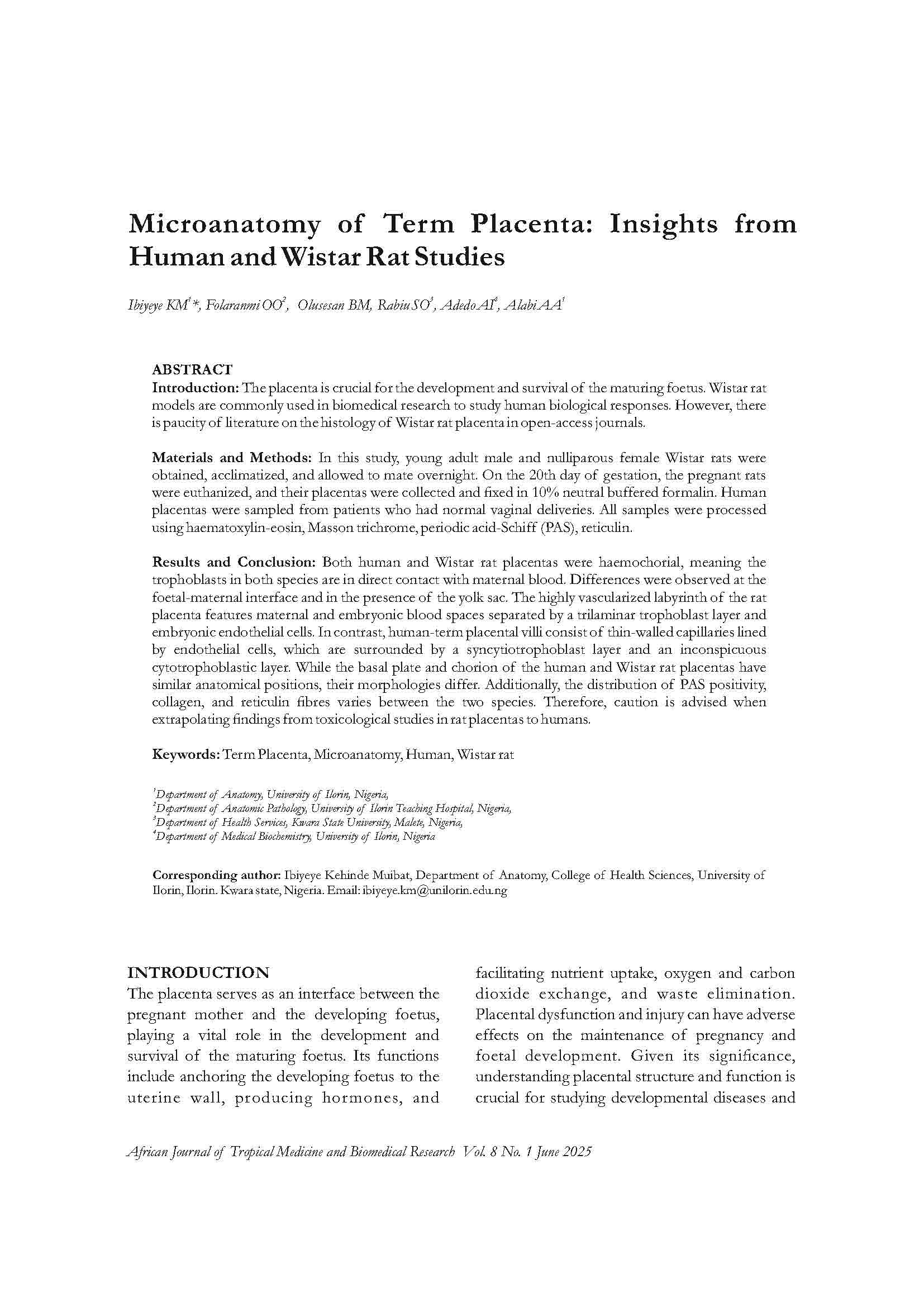 Microanatomy of Term PlacentaInsights from Human and Wistar Rat Studies: Insights from Human and Wistar Rat Studies