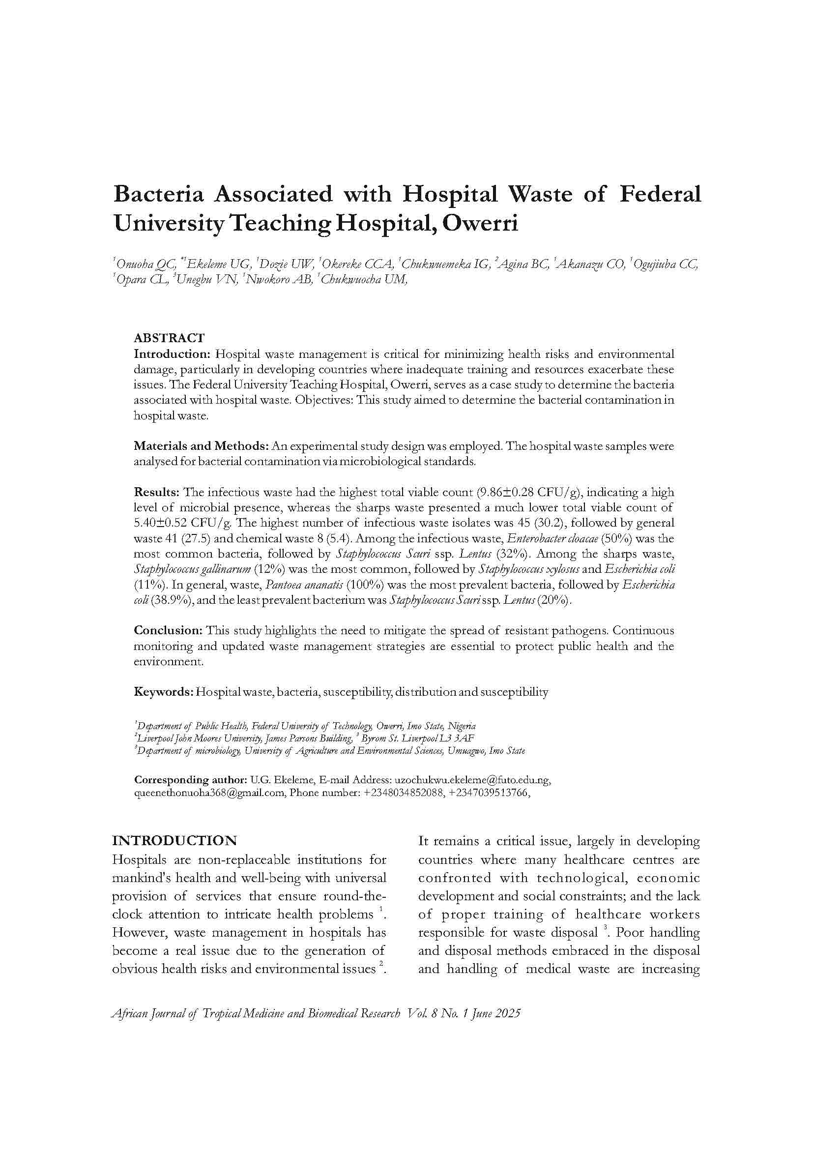 Bacteria Associated with Hospital Waste of Federal University Teaching Hospital, Owerri