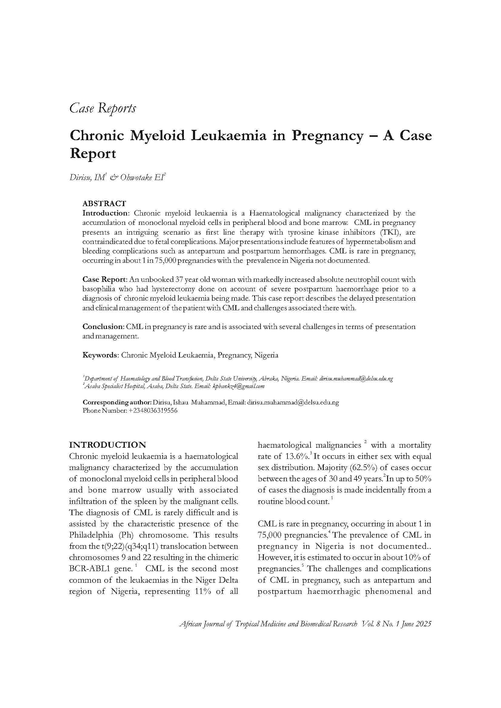 Chronic Myeloid Leukaemia in Pregnancy: A Case Report