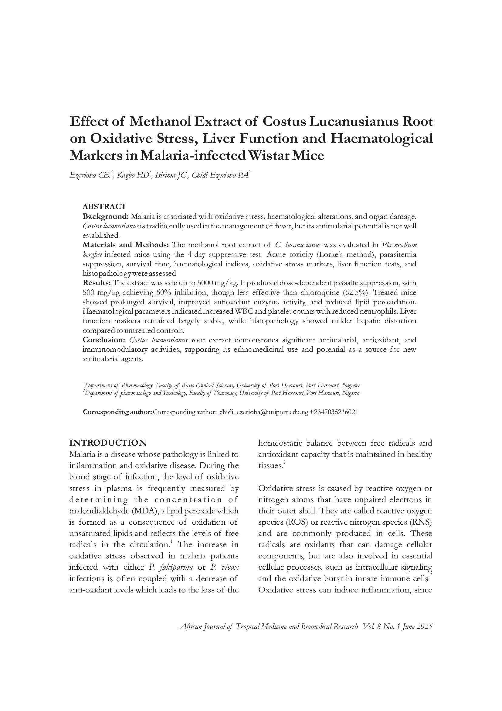 Effect of Methanol Extract of Costus lucanusianus Root on Oxidative Stress, Liver Function and Haematological Markers in Malaria-infected Wistar Mice