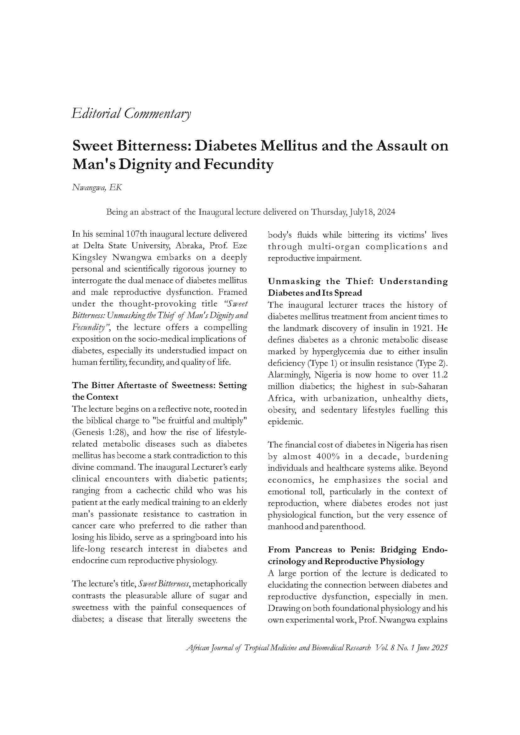 Sweet Bitterness: Diabetes Mellitus and the Assault on Man's Dignity and Fecundity