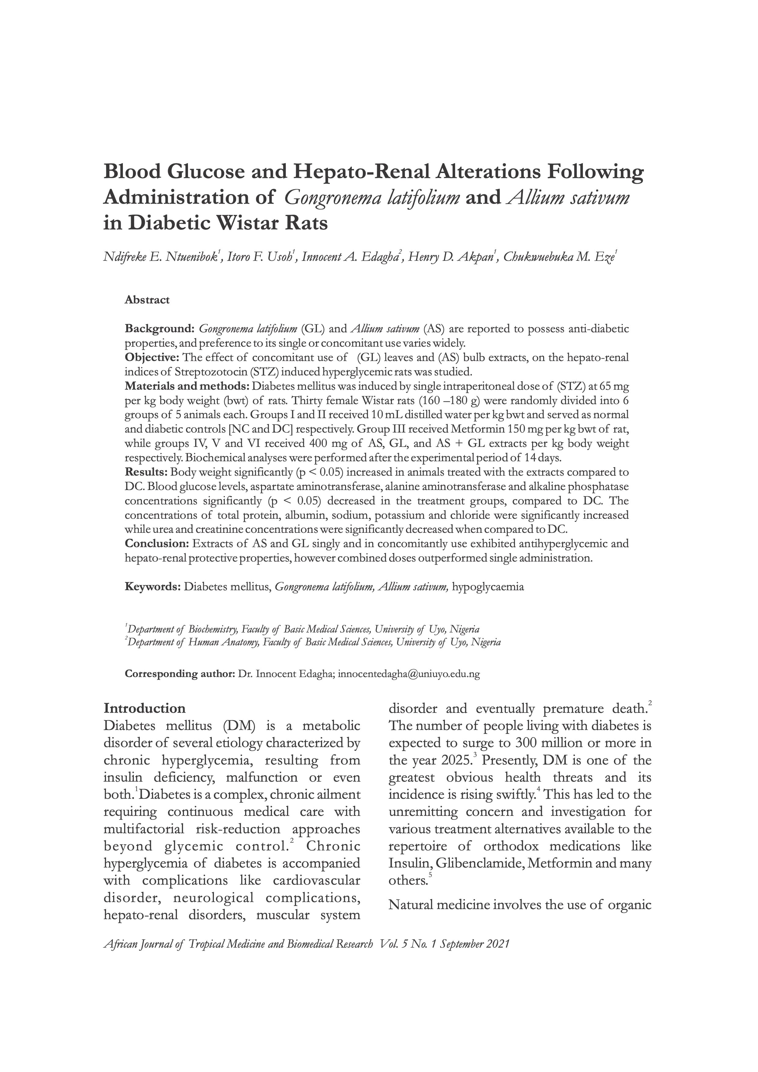 Blood Glucose and Hepato-Renal Alterations Following 31 Administration of Gongronema latifolium and Allium